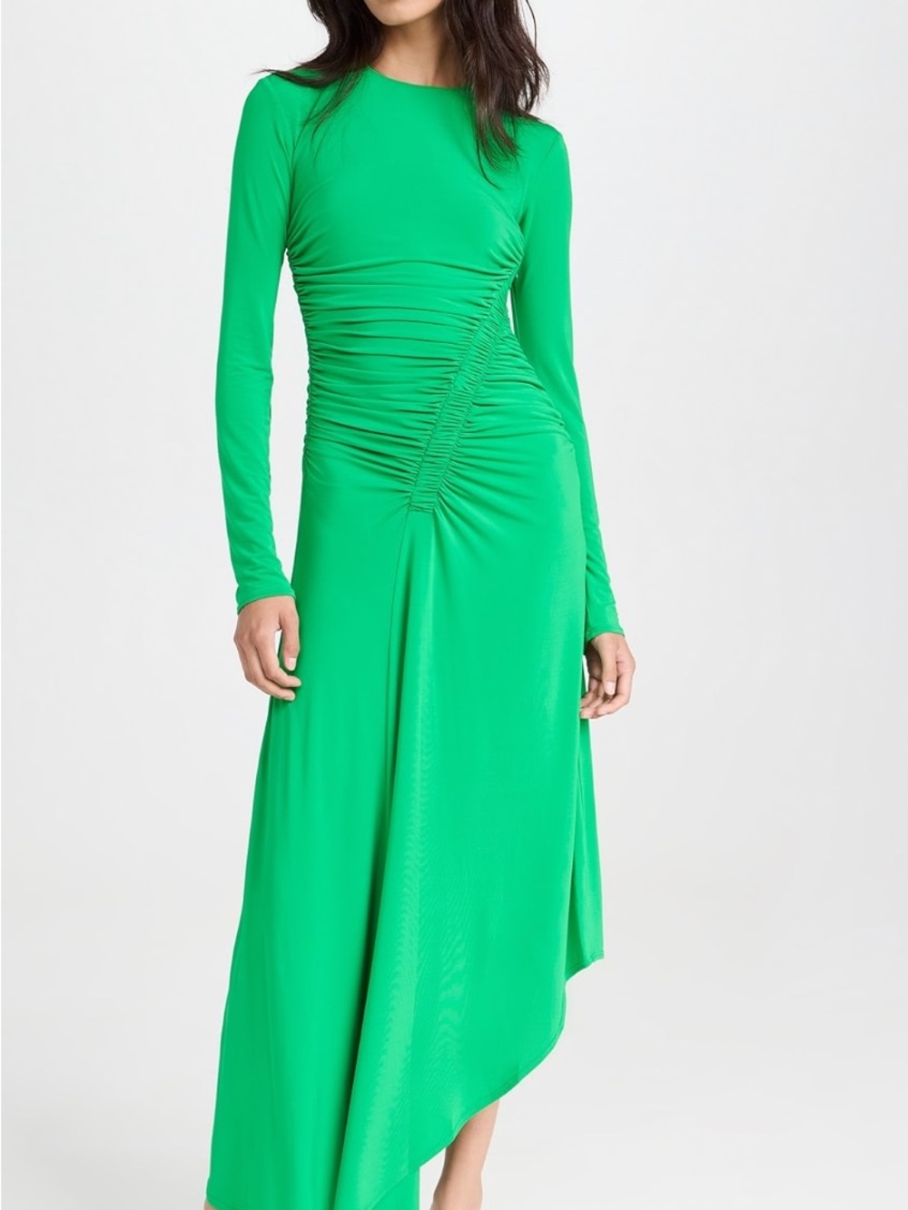Atelier Delphine Long Sleeve Green Ruched Maxi Dress